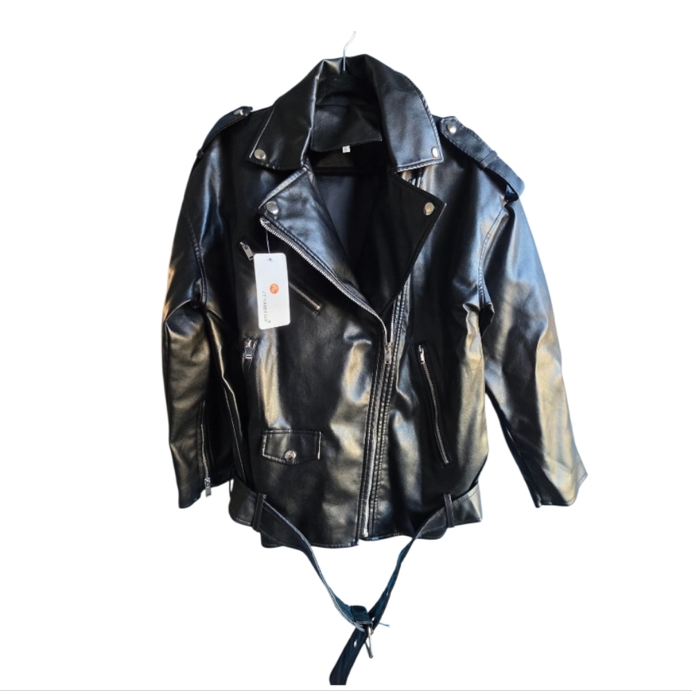 Women's Black Faux Leather Jacket Biker Jacket Size Small NEW! - Picture 2 of 8